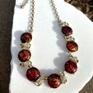 Vintage 1960s Coro Confetti Lucite Necklace with Red Amber Gold Tone Collector